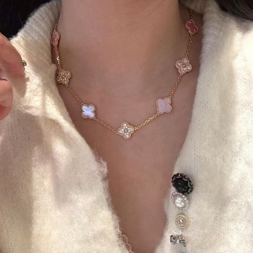[OAKJURI Jewelry]CLOVER 10 MOTIFS DIAMOND PINK MOP NECKLACE