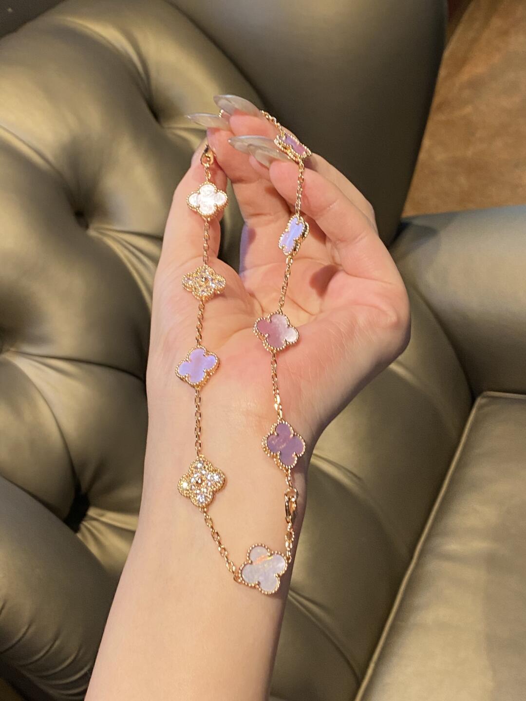 [OAKJURI Jewelry]CLOVER 10 MOTIFS DIAMOND PINK MOP NECKLACE