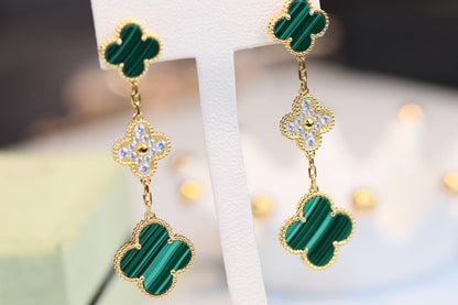 [OAKJURI Jewelry]CLOVER EARRINGS GOLD MALACHITE DIAMOND 3 MOTIF