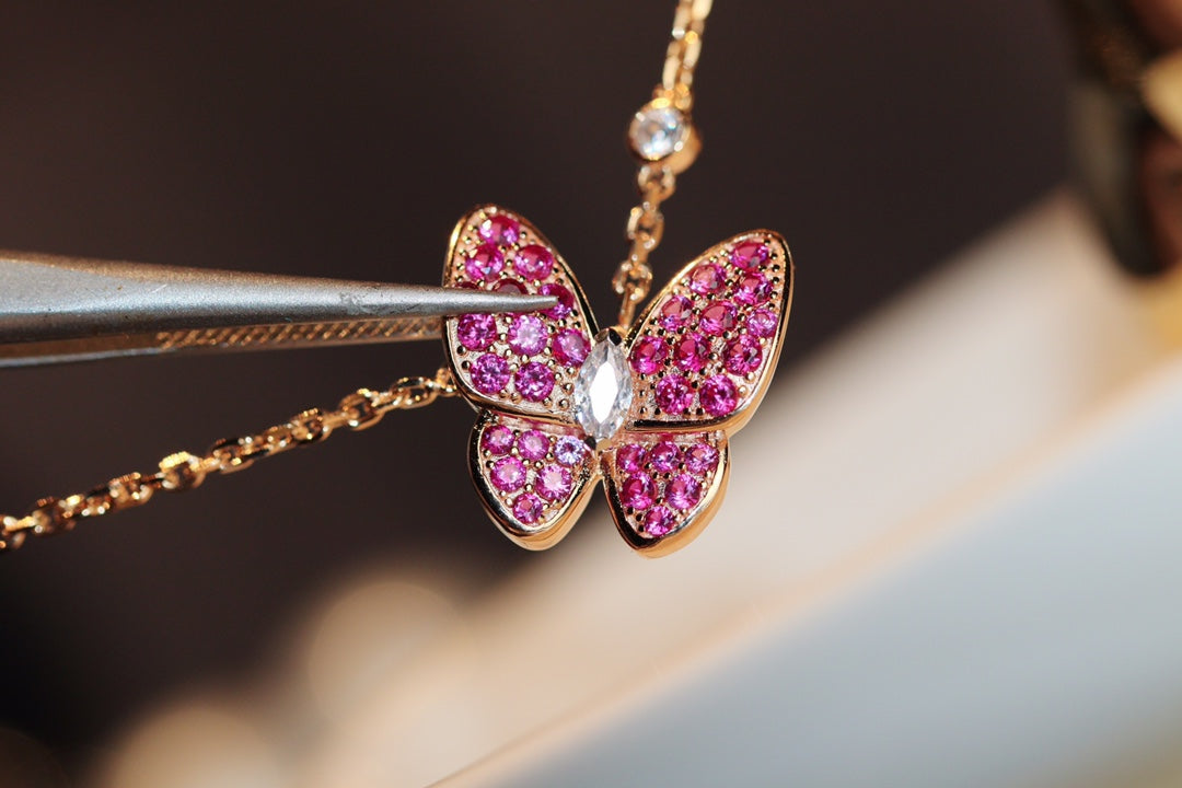 [OAKJURI Jewelry]BUTTERFLY RED DIAMOND ROSE GOLD NECKLACE