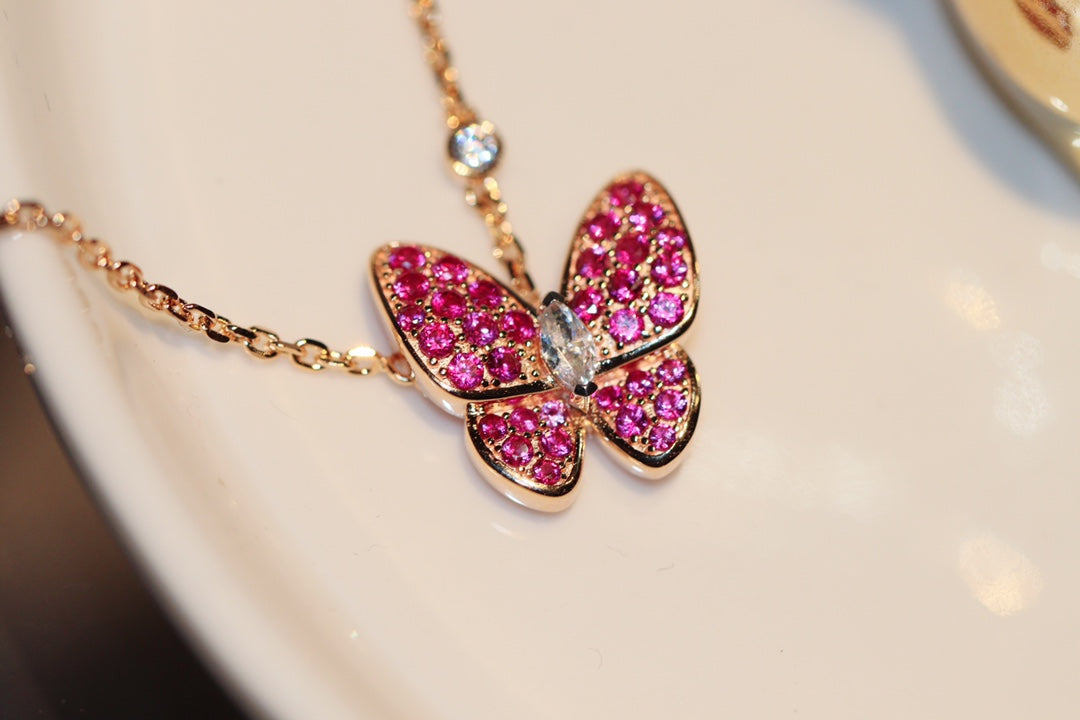[OAKJURI Jewelry]BUTTERFLY RED DIAMOND ROSE GOLD NECKLACE