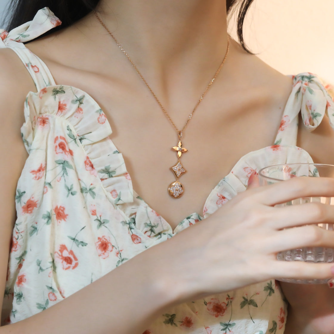 [OAKJURI Jewelry]STAR AND SUN DIAMOND PINK GOLD NECKLACE