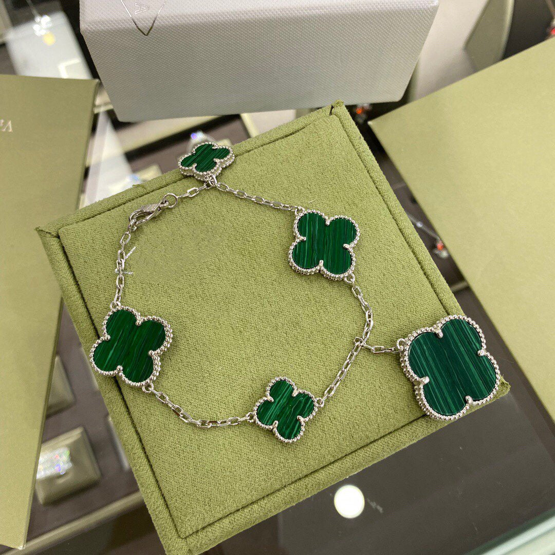 [OAKJURI Jewelry]CLOVER 5 MOTIFS SIVLER MALACHITE BRACELET