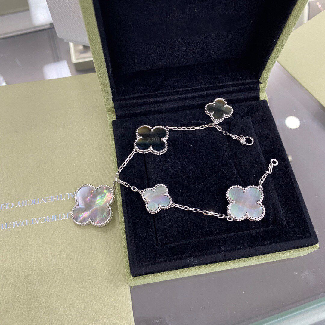 [OAKJURI Jewelry]CLOVER 5 MOTIFS SIVLER DARK MOP BRACELET