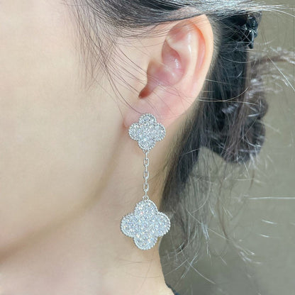 [OAKJURI Jewelry]CLOVER 2 MOTIFS DIAMOND PAVED SILVER EARRINGS