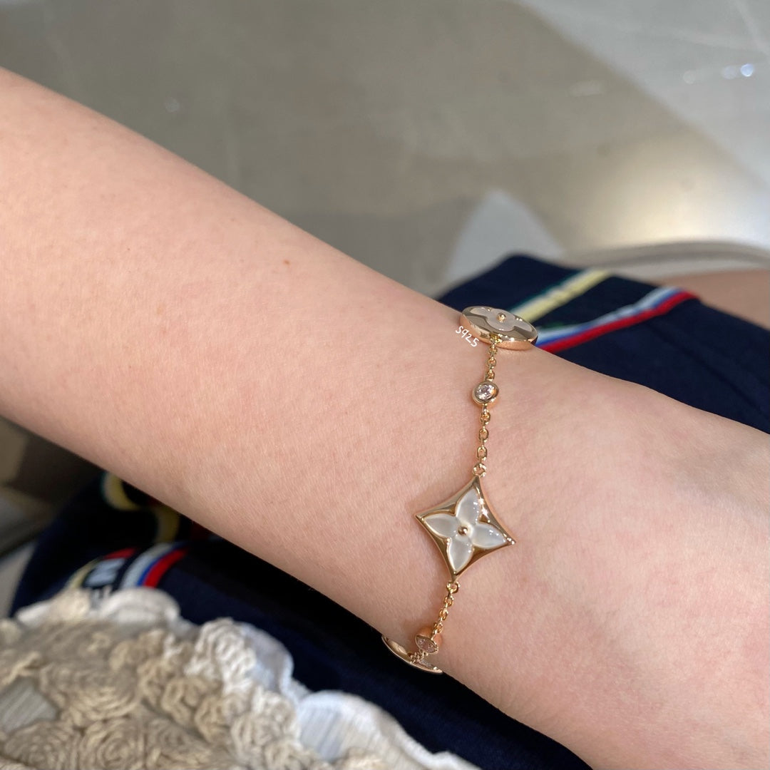 [OAKJURI Jewelry]STAR AND SUN 4 MOTIF WHITE MOP PINK GOLD BRACELET