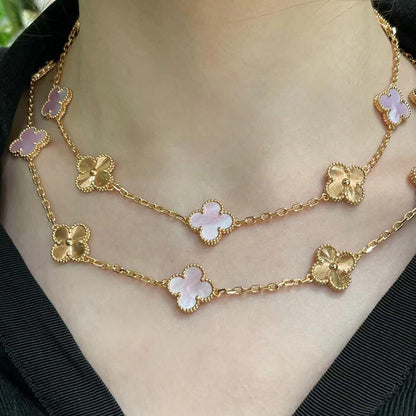 [OAKJURI Jewelry]CLOVER 20 MOTIFS LASER PINK MOP NECKLACE