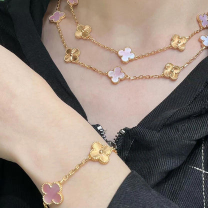 [OAKJURI Jewelry]CLOVER 20 MOTIFS LASER PINK MOP NECKLACE