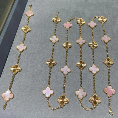 [OAKJURI Jewelry]CLOVER 20 MOTIFS LASER PINK MOP NECKLACE
