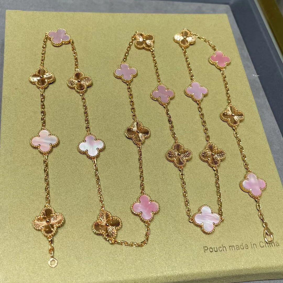 [OAKJURI Jewelry]CLOVER 20 MOTIFS LASER PINK MOP NECKLACE