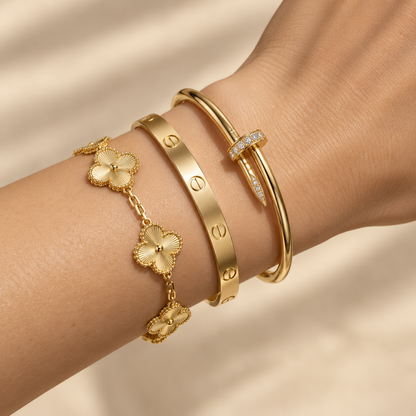 [OAKJURI Jewelry] Clover & Love & Juste 3-Piece Gold Bracelet Stack Set