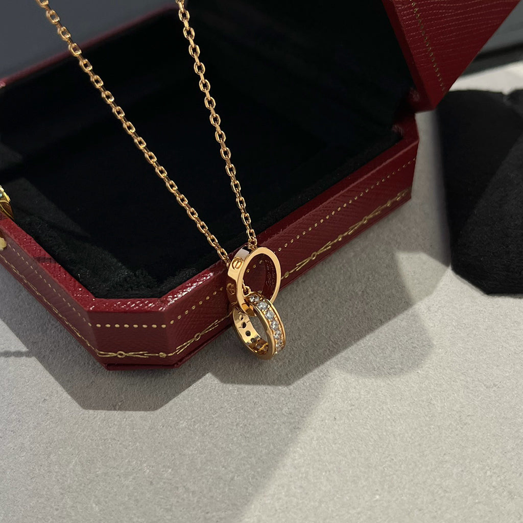 [OAKJURI Jewelry] LOVE DOUBLE RING HALF DIAMOND NECKLACE