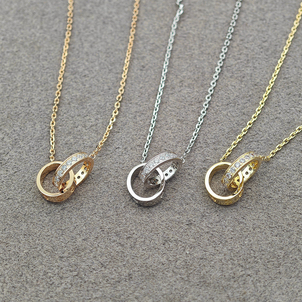 [OAKJURI Jewelry] LOVE DOUBLE RING HALF DIAMOND NECKLACE