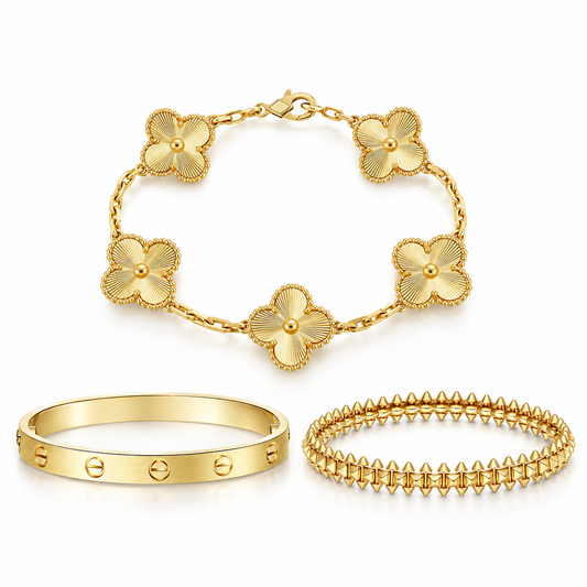 [OAKJURI Jewelry] CLASH & Clover Laser 5-Motif & LOVE Brushed Bracelet Stack Set