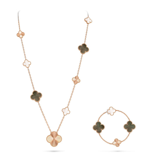 [OAKJURI Jewelry]DETACHABLE CLOVER 15(11+4) FLOWER ROSE GOLD NECKLACE SET