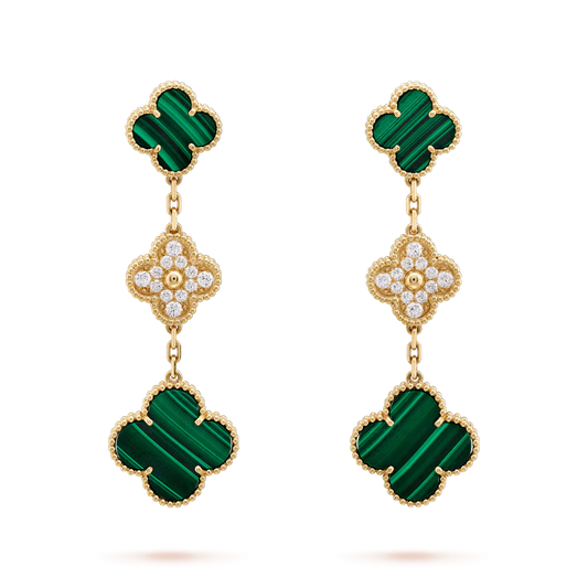 [OAKJURI Jewelry]CLOVER EARRINGS GOLD MALACHITE DIAMOND 3 MOTIF